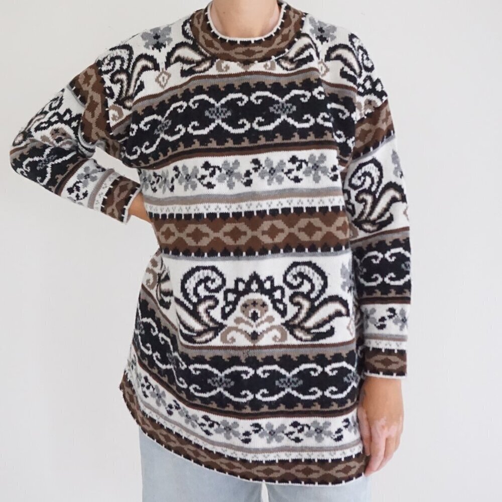 Vintage Brown Black Cabincore Eclectic Grandpa Patterned Knit Sweater L - Picture 1 of 9